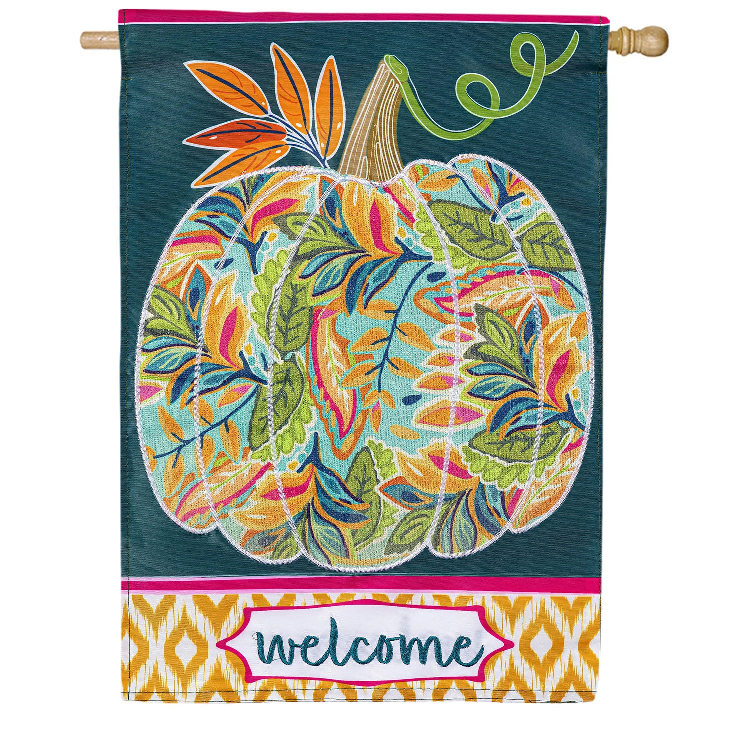 Evergreen Applique House Flag - Patterned Jacobean Floral Pumpkin