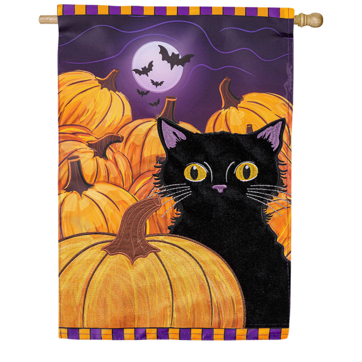 Evergreen Applique House Flag - Pumpkin Patch Cat