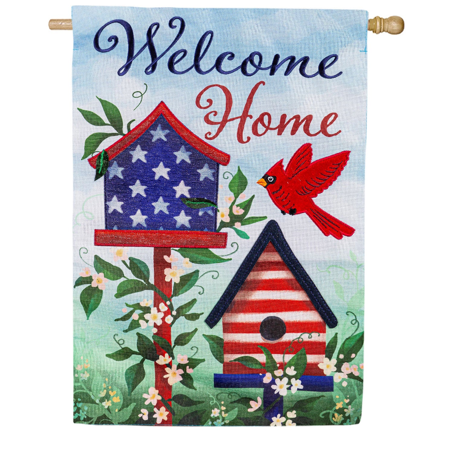 Evergreen Applique House Flag - Patriotic Bird House Welcome