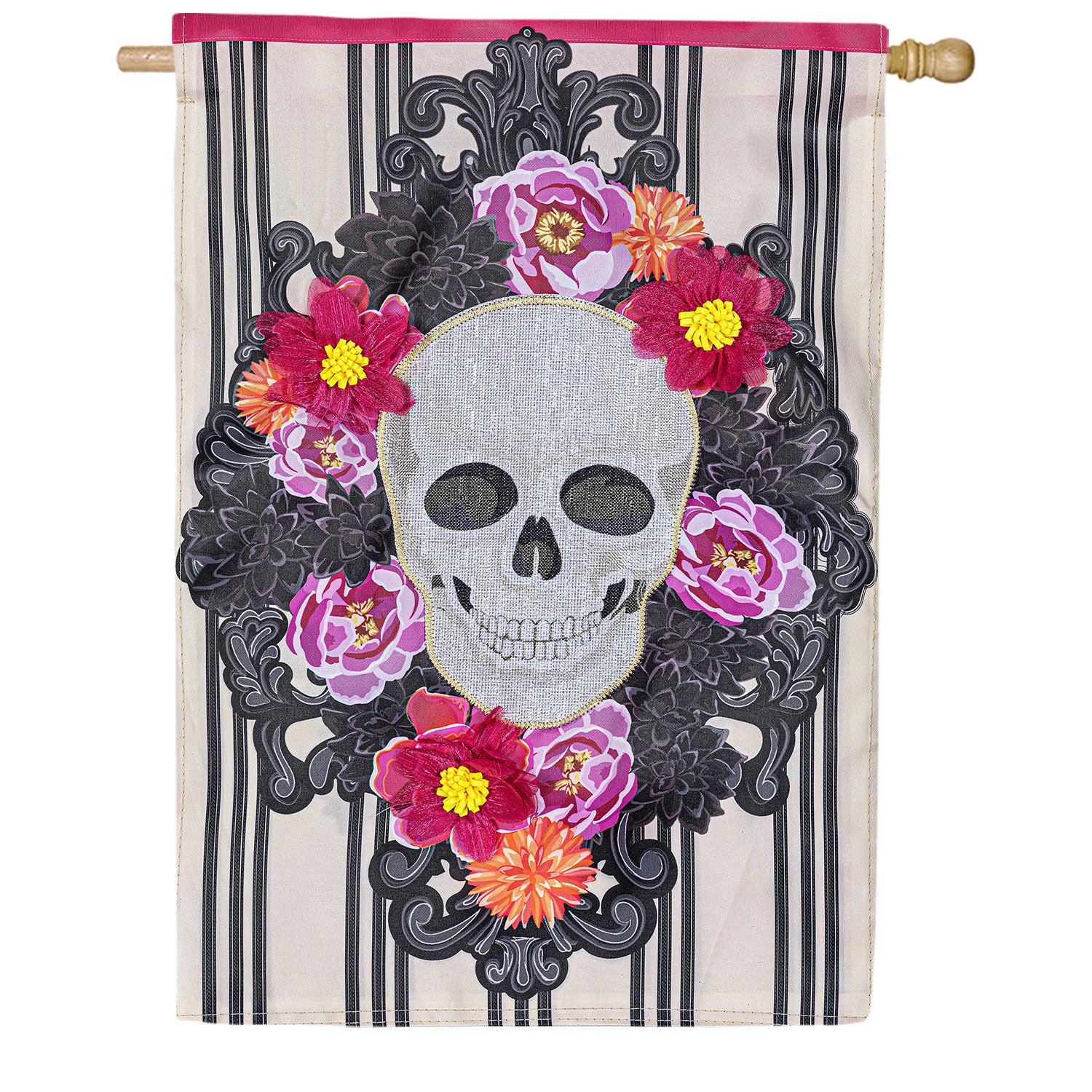 Evergreen Applique House Flag - Happy Skull Floral
