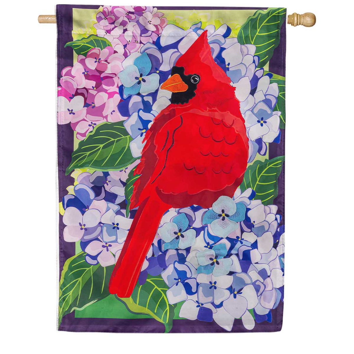 Evergreen Red Cardinal and Hydrangeas Double Appliqued House Flag