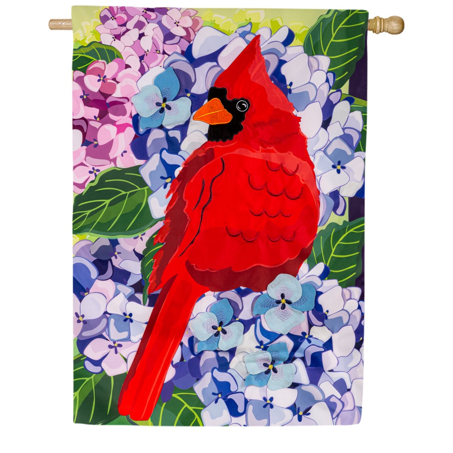 Red Cardinal and Hydrangeas Double Appliqued House Flag