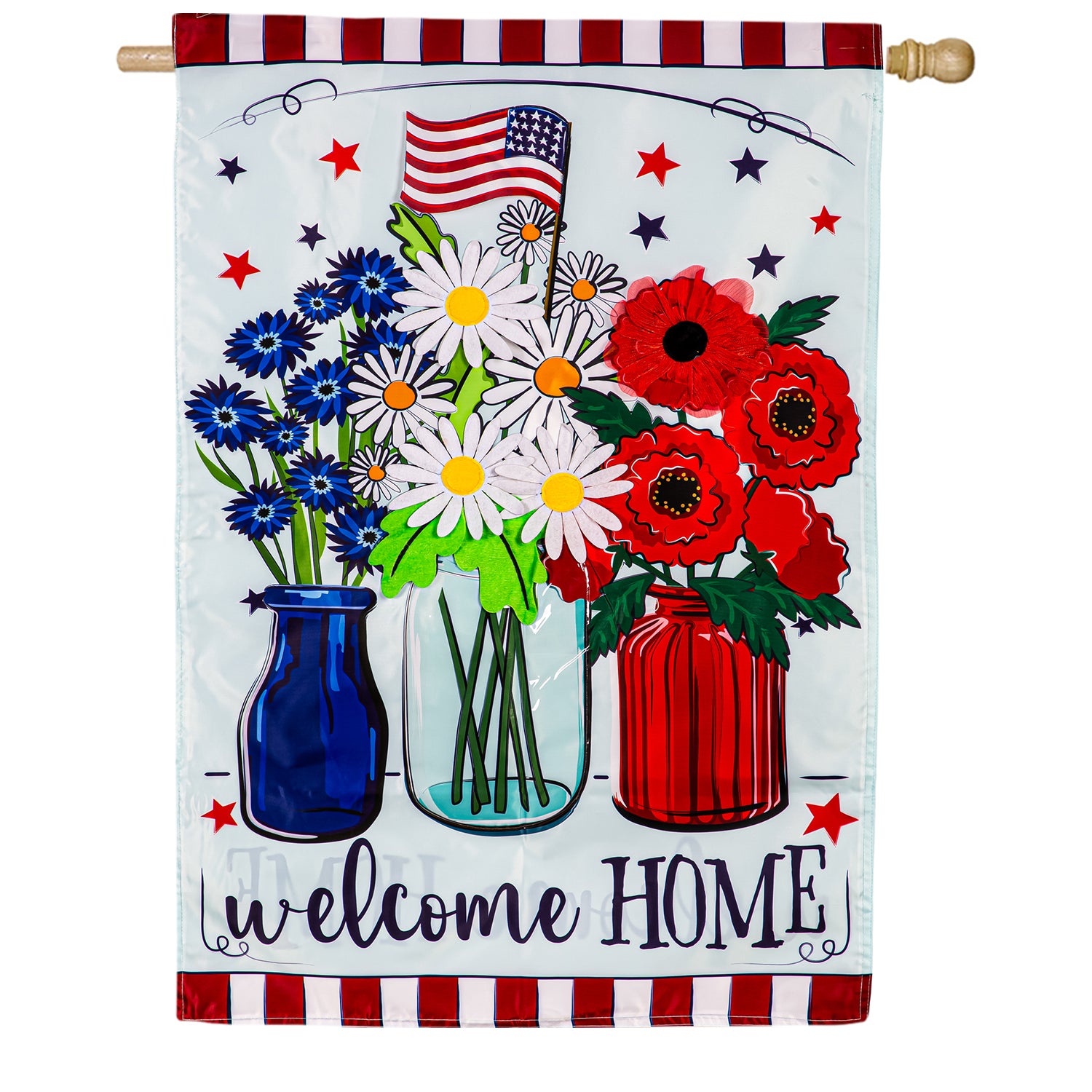 Patriotic Floral Welcome Appliqued House Flag