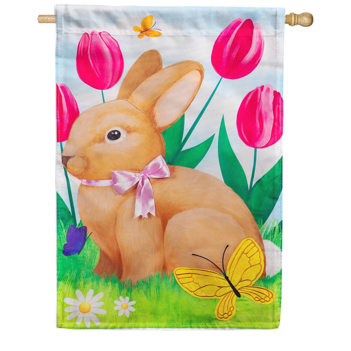 Tulips and Bunny Friend Appliqued House Flag