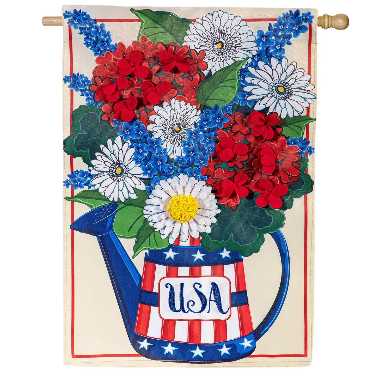 USA Floral Watering Can Applique House Flag