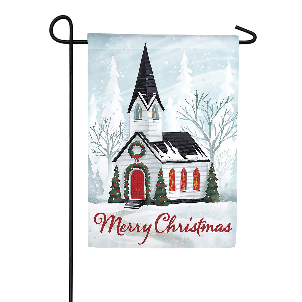 Evergreen Winter Church Appliqued Garden Flag