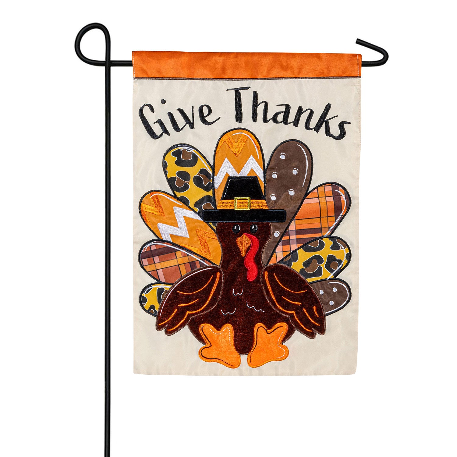 Evergreen Give Thanks Patterned Turkey Applique Garden Flag