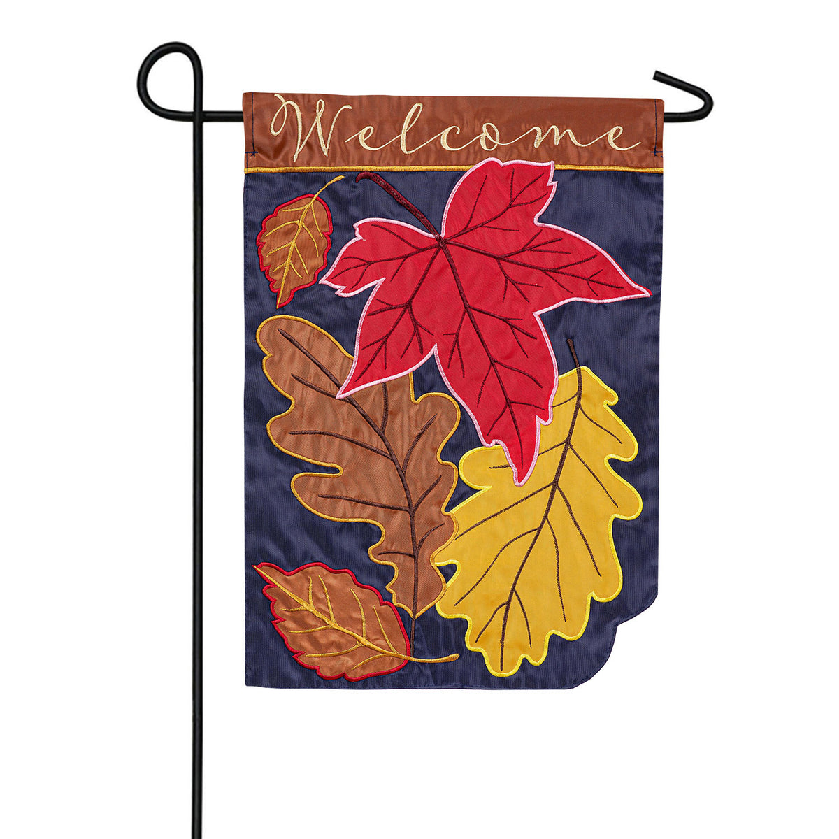 Evergreen Fall Leaves On Navy Applique Garden Flag