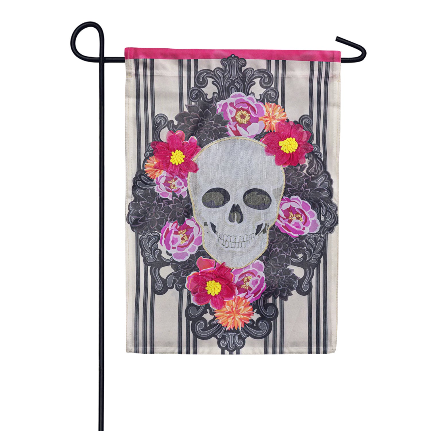 Happy Skull Floral Applique Garden Flag
