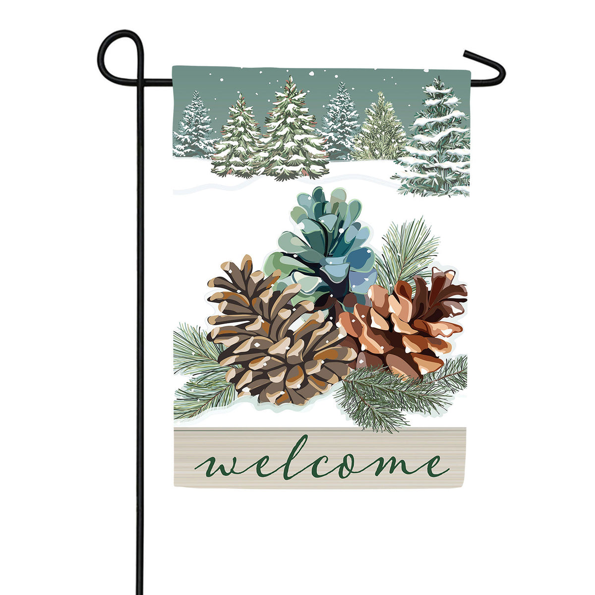 Evergreen Winter Pinecones Applique Garden Flag
