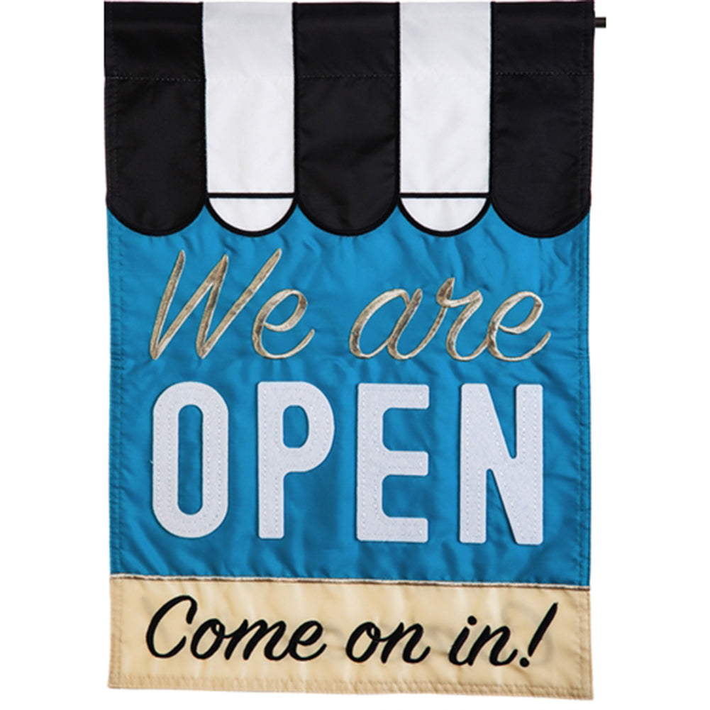 Evergreen We are Open Applique Garden Flag