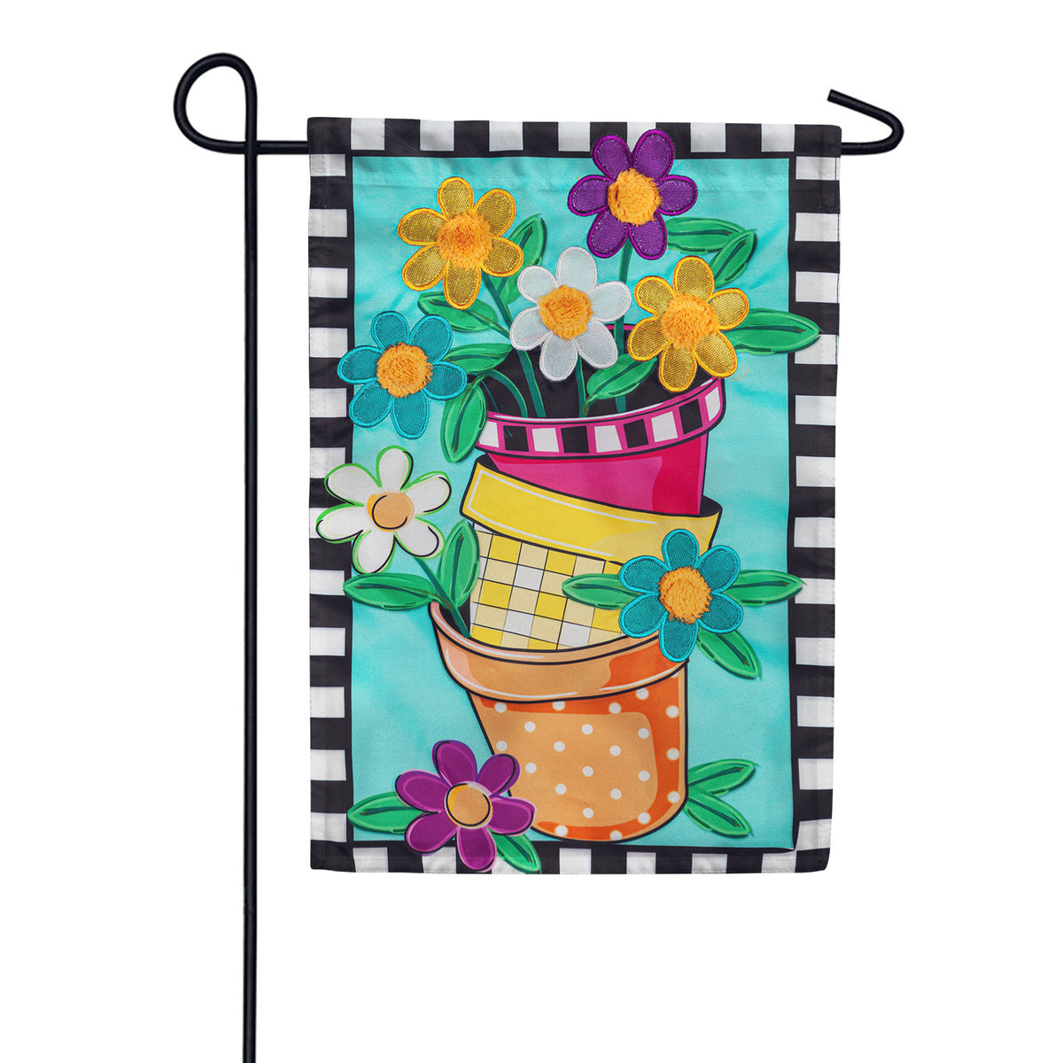 Evergreen Stacked Spring Flower Pots Double Appliqued Garden Flag