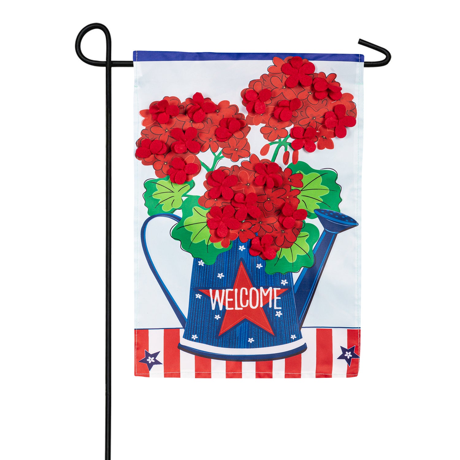 Evergreen Patriotic Geraniums Appliqued Garden Flag