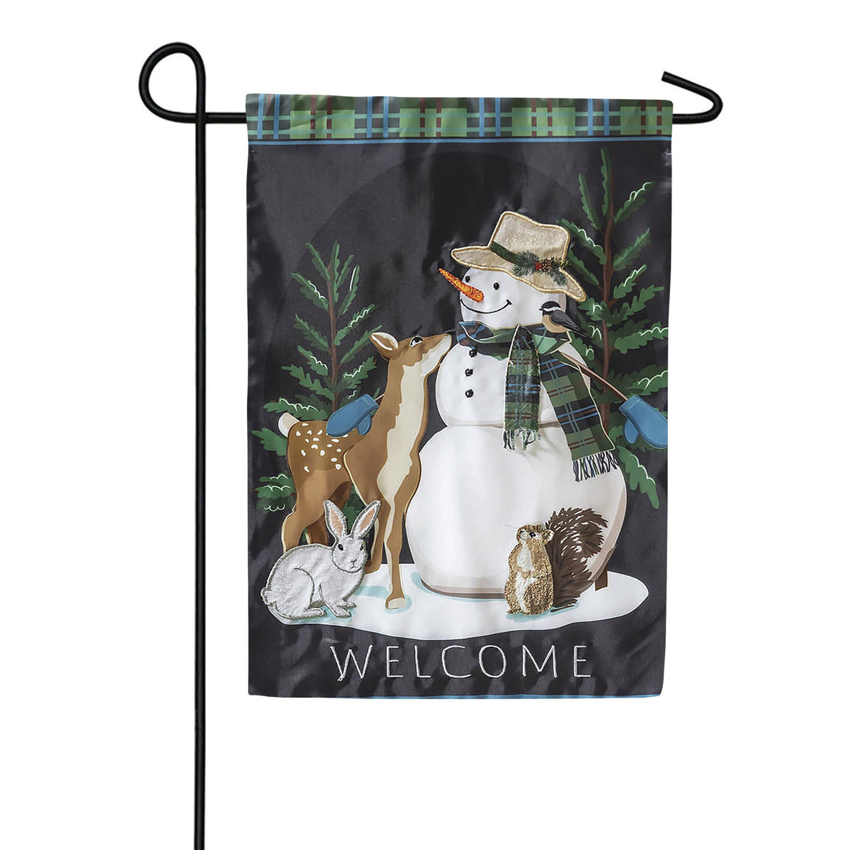 Evergreen Woodland Snowman and Friends Applique Garden Flag