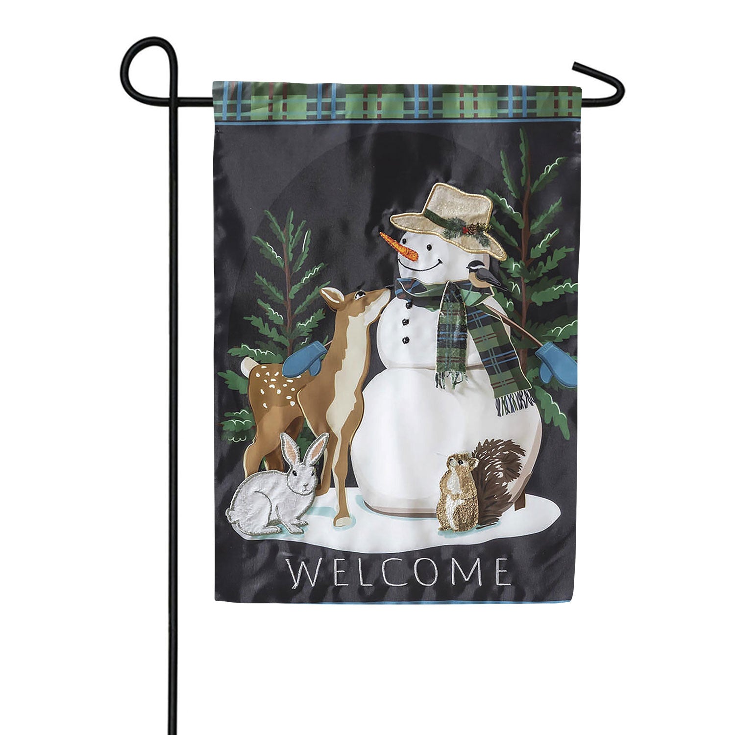 Evergreen Woodland Snowman and Friends Applique Garden Flag