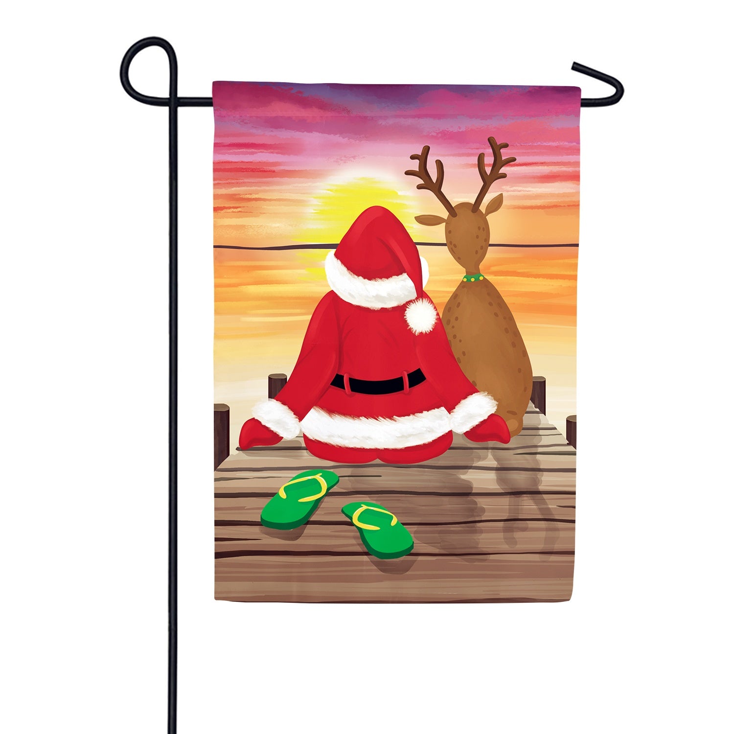 Evergreen Santa and Deer Sunset Double Sided Garden Flag