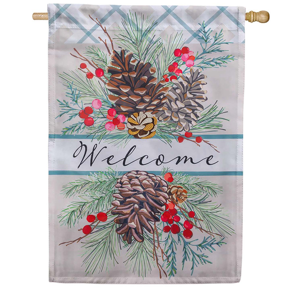 Evergreen Applique House Flag - Winter Pinecones