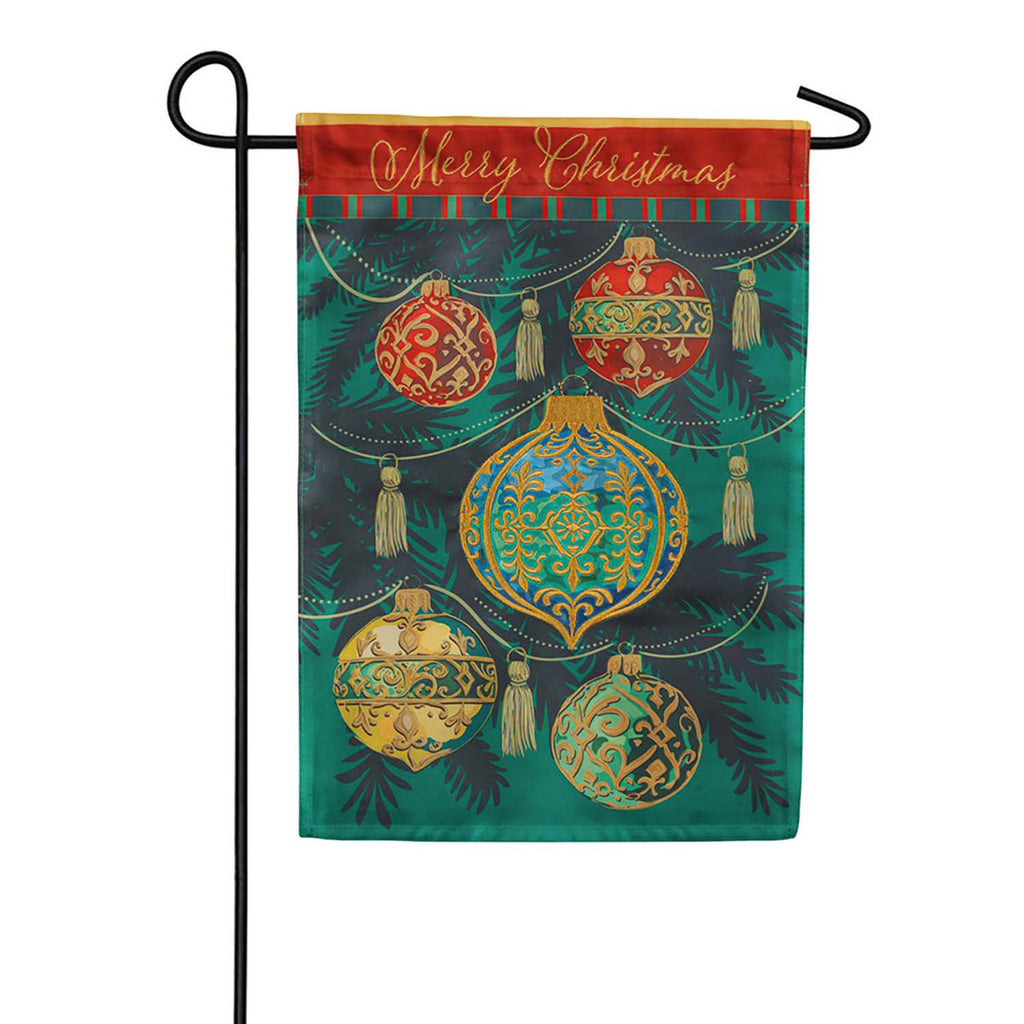 Evergreen Applique Garden Flag - Merry Christmas Ornaments