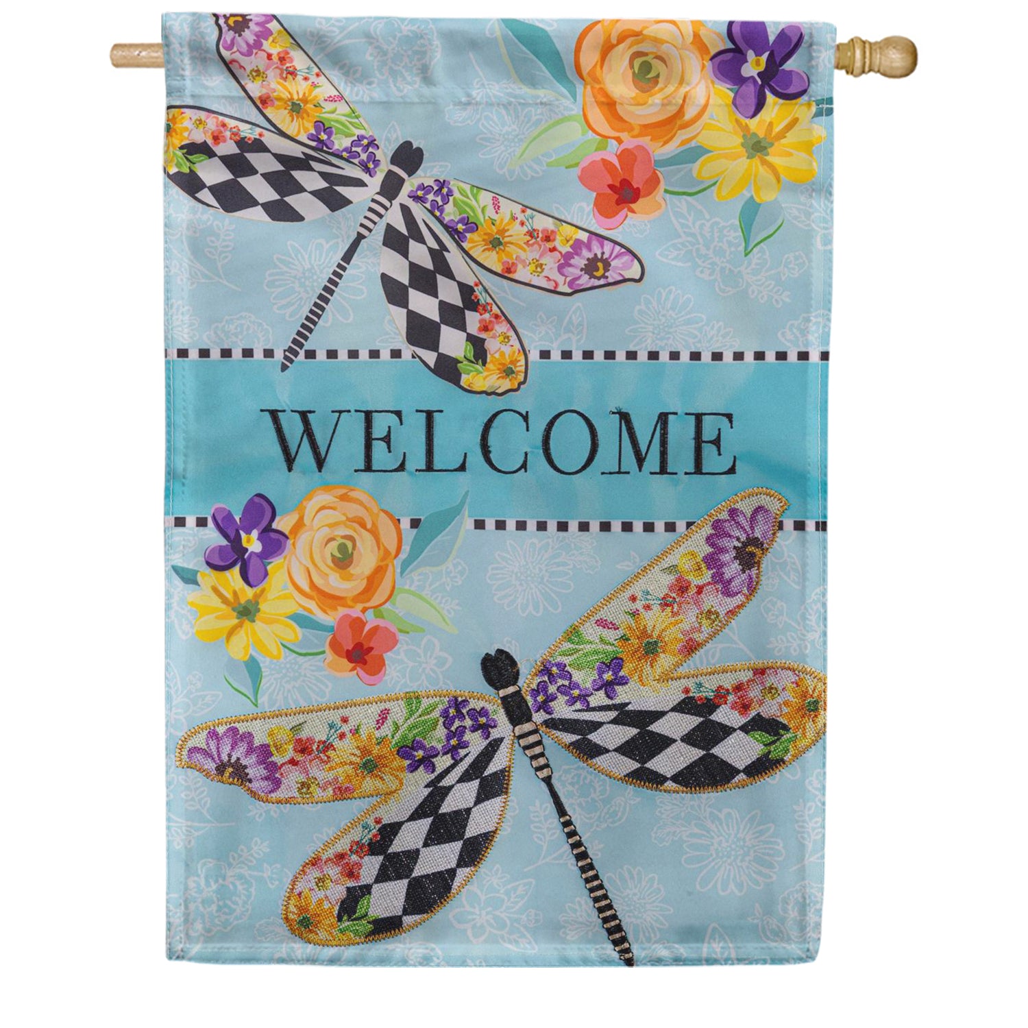 Evergreen Applique House Flag - Courtly Check Dragonfly