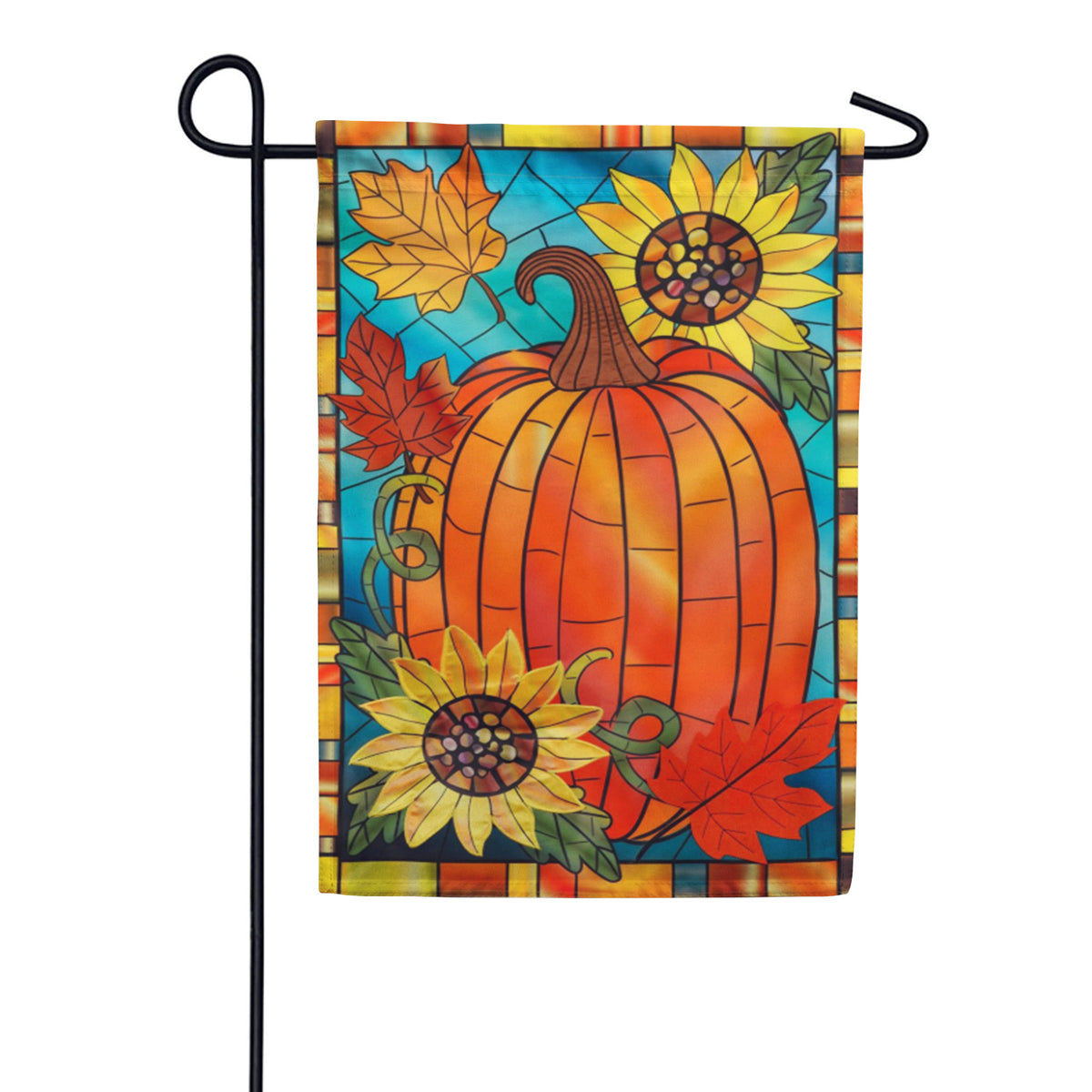Evergreen Applique Garden Flag Fall Pumpkin Stained Glass