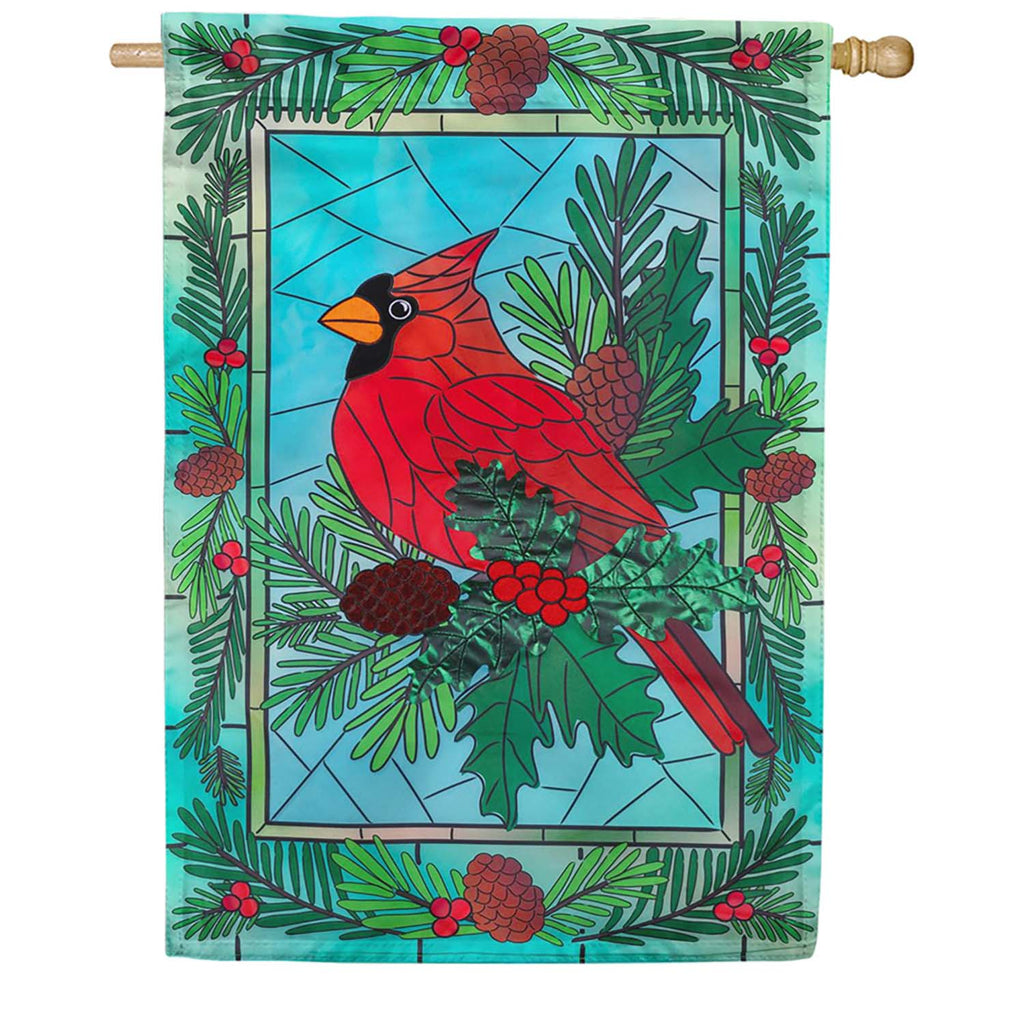 Evergreen Applique House Flag - Stained Glass Winter Cardinal