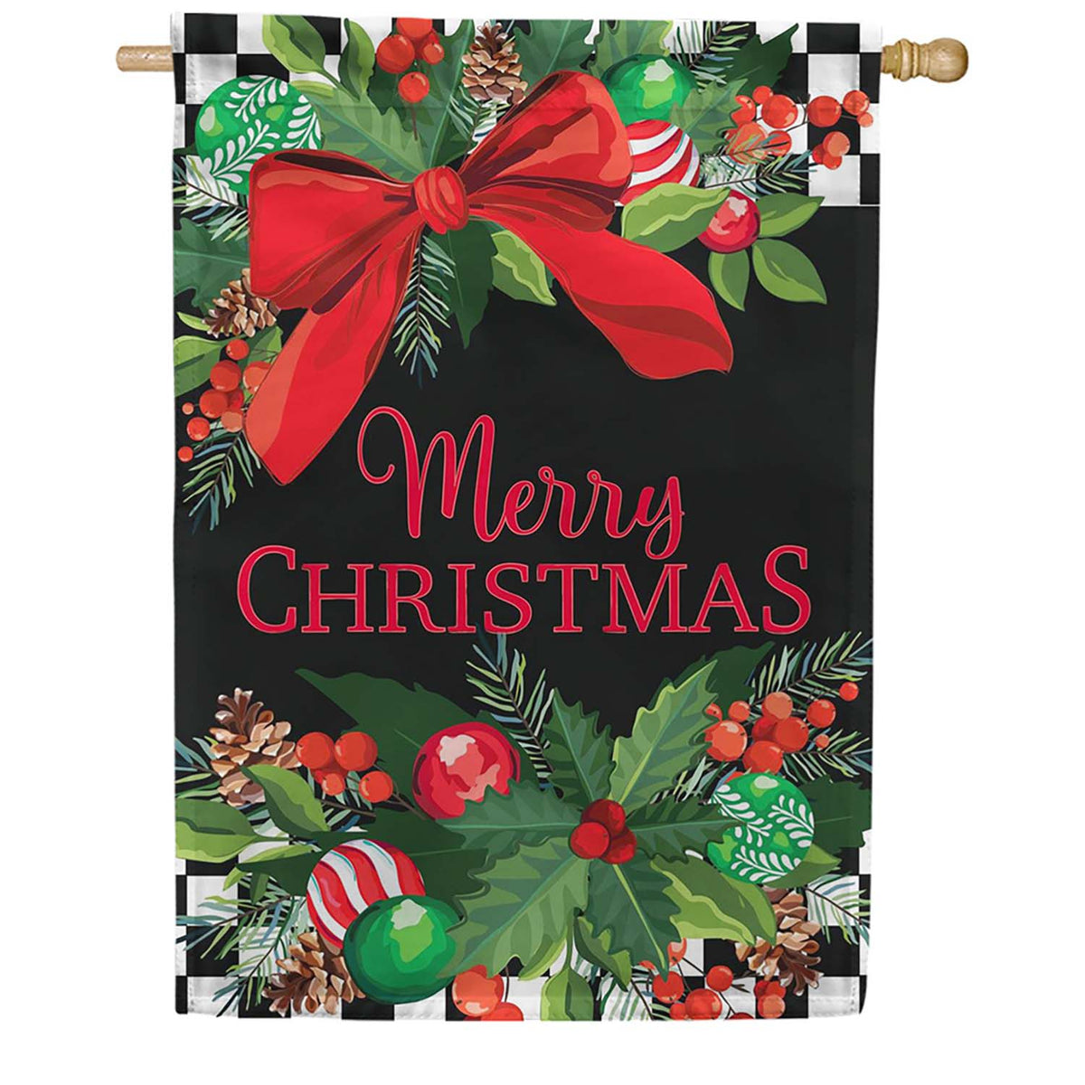 Evergreen Applique House Flag - Floral Checkered Merry Christmas