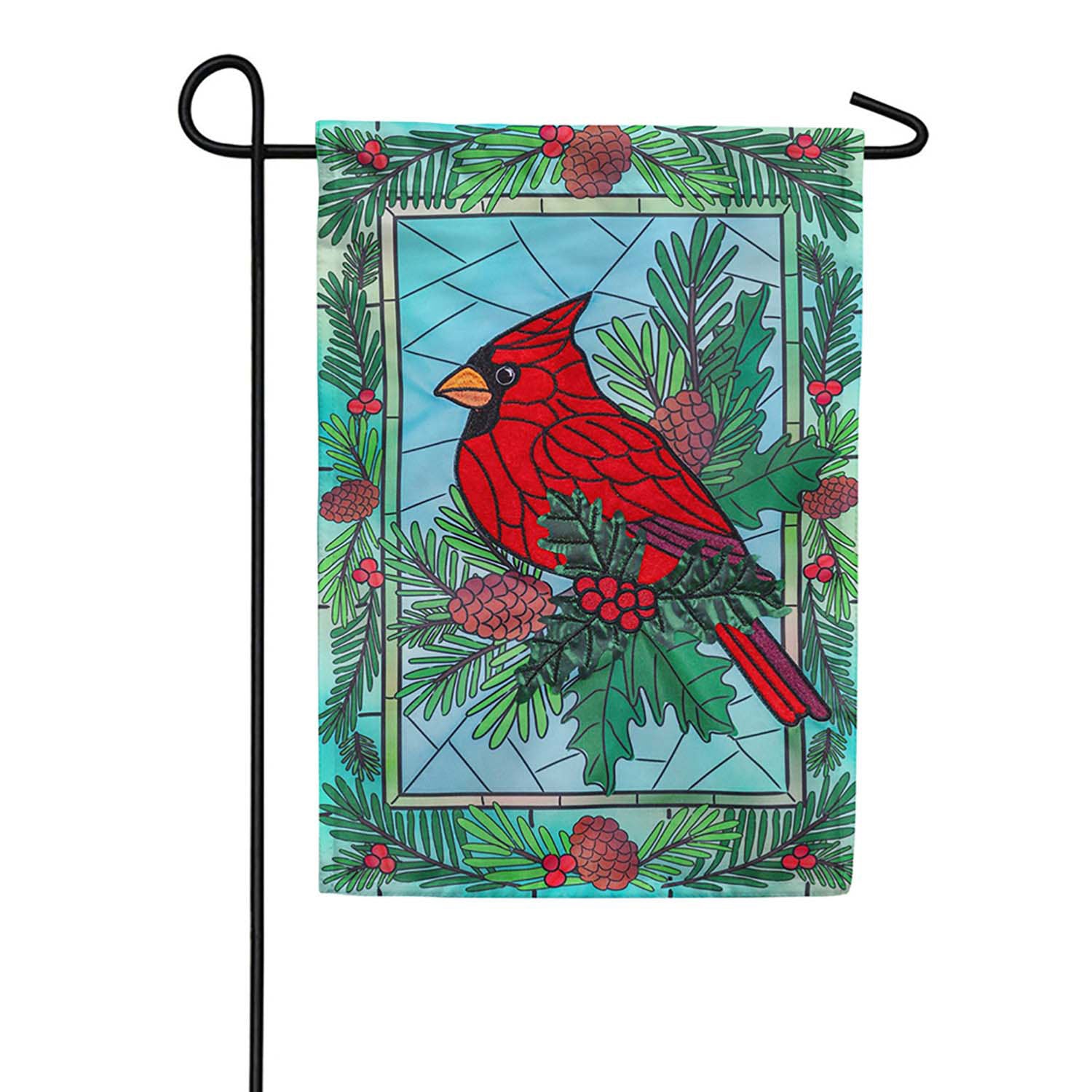 Evergreen Applique Garden Flag - Stained Glass Winter Cardinal