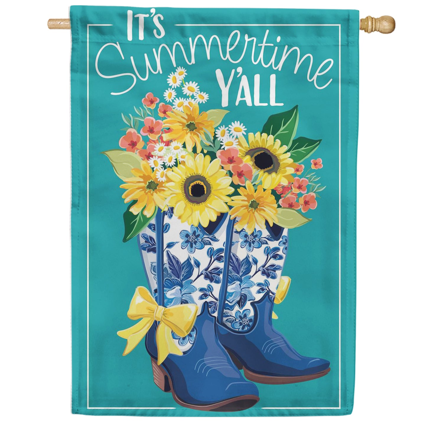 Evergreen Applique House Flag - Chinoiserie Cowboy Boots & Bows