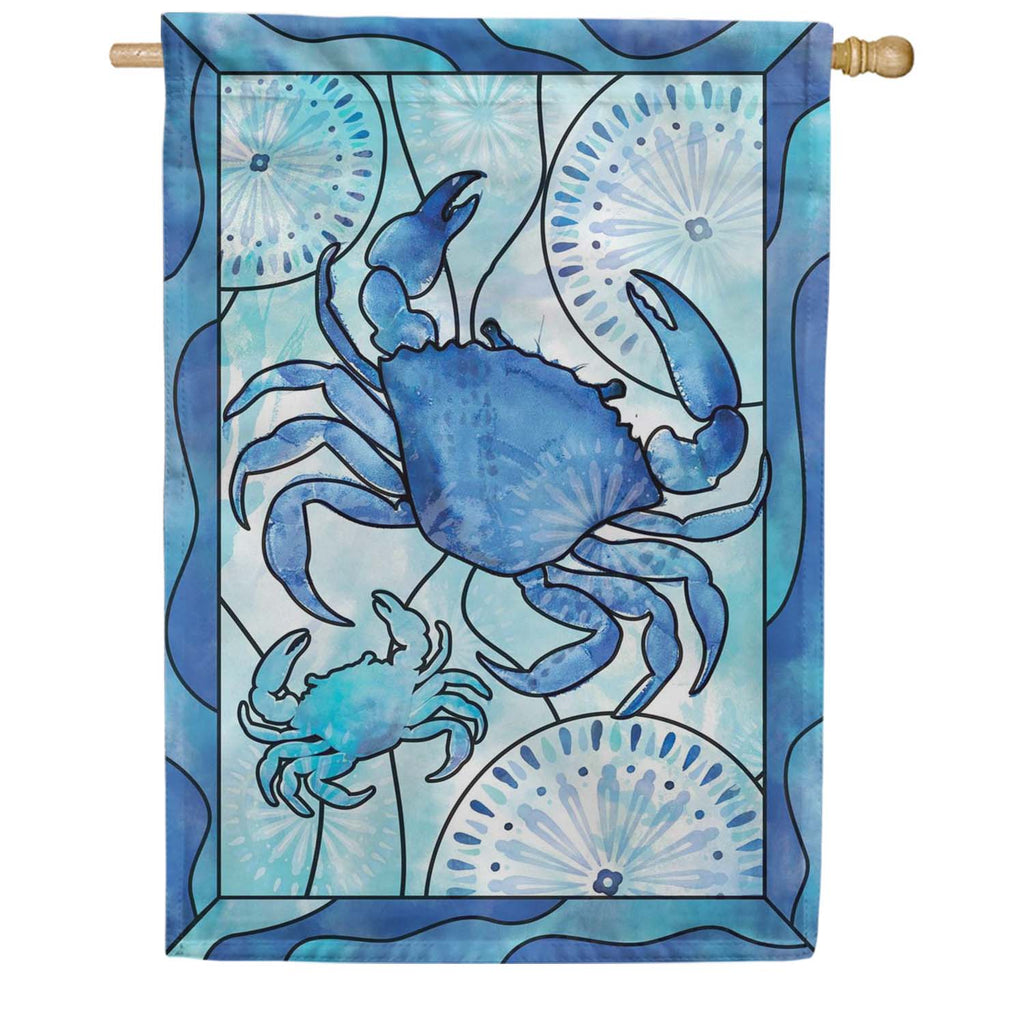 Evergreen Applique House Flag - Blue Coastal Framed Crab