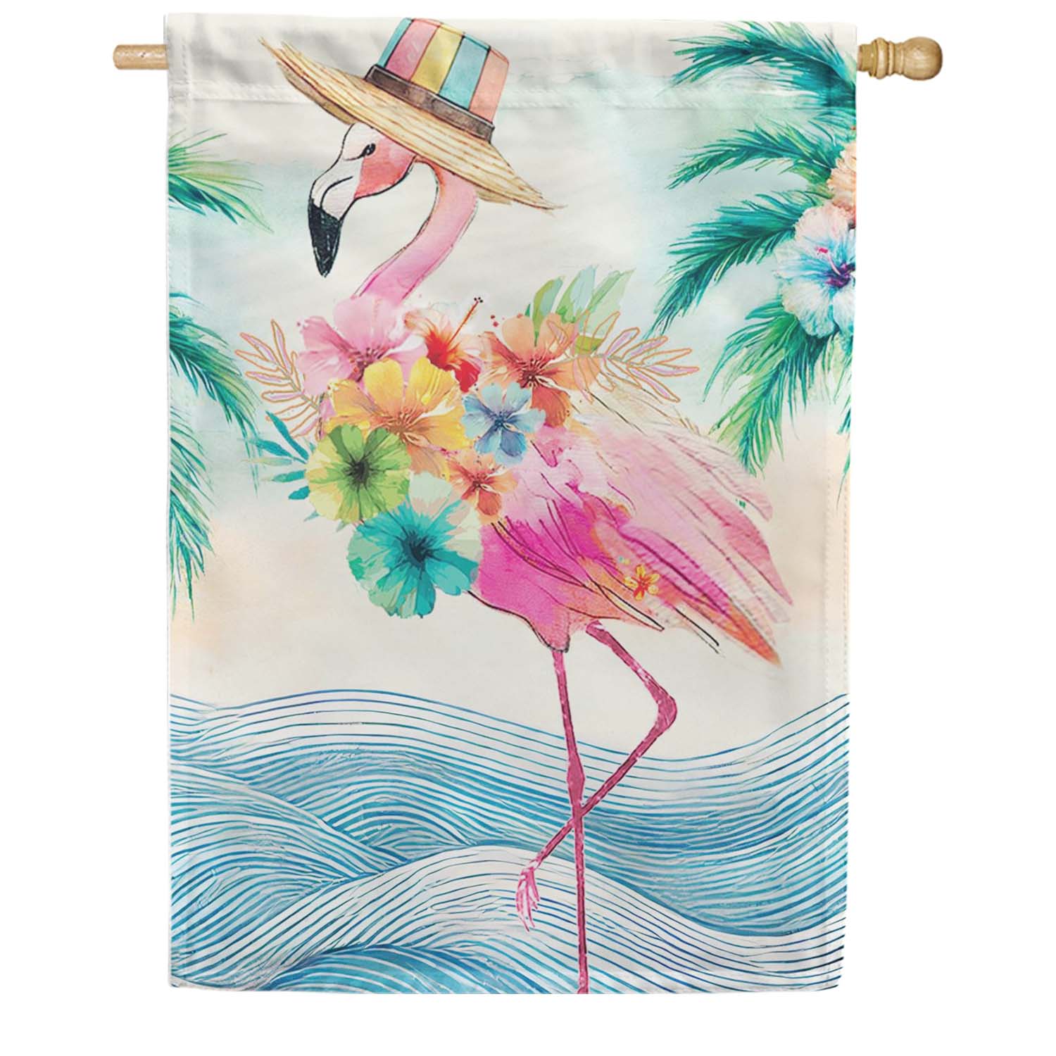 Evergreen Applique House Flag - Palm Beach Floral Flamingo