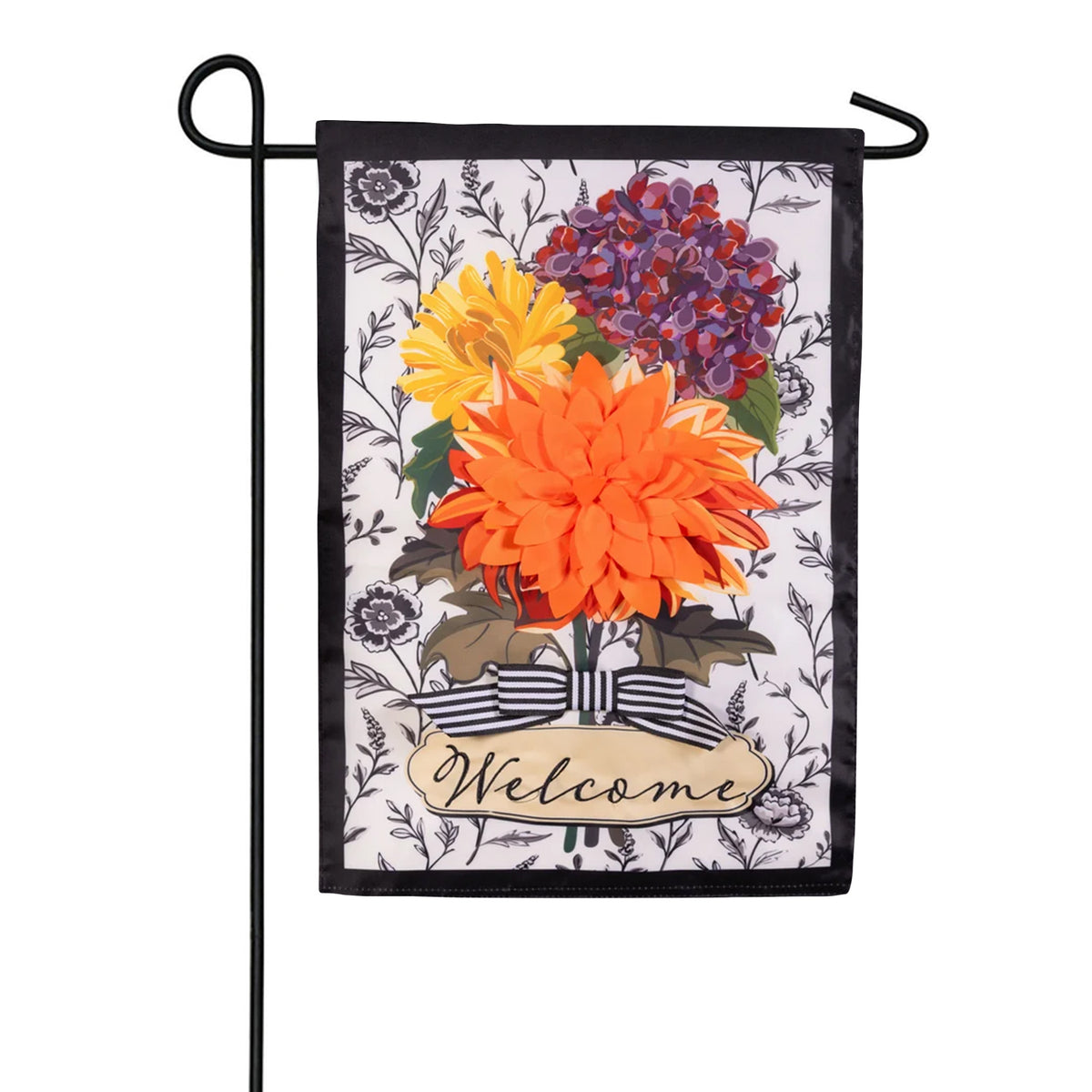 Evergreen Fall Floral Toile Applique Garden Flag