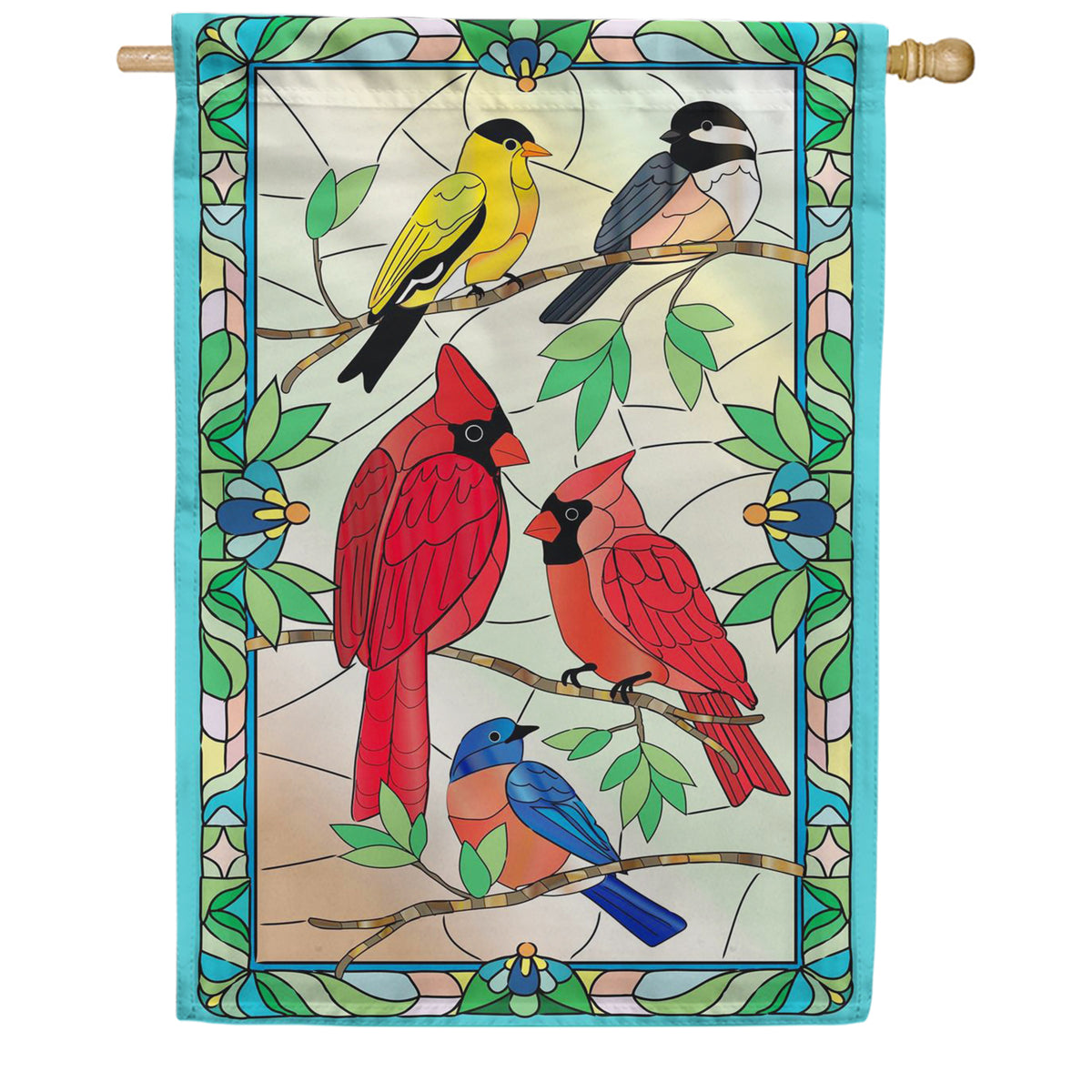 Evergreen Applique House Flag - Stained Glass Songbirds
