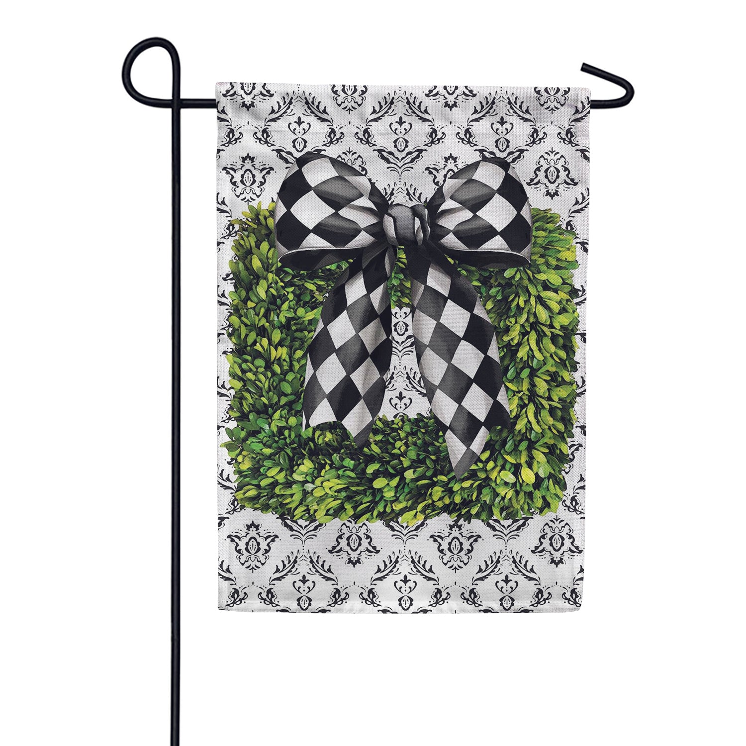 Evergreen Burlap Garden Flag - Black & White Bow Topiary