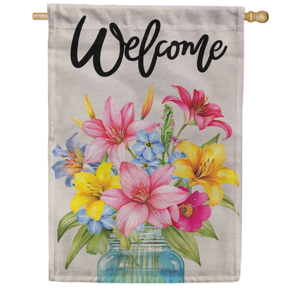 Evergreen Burlap House Flag - Floral Jar Welcome