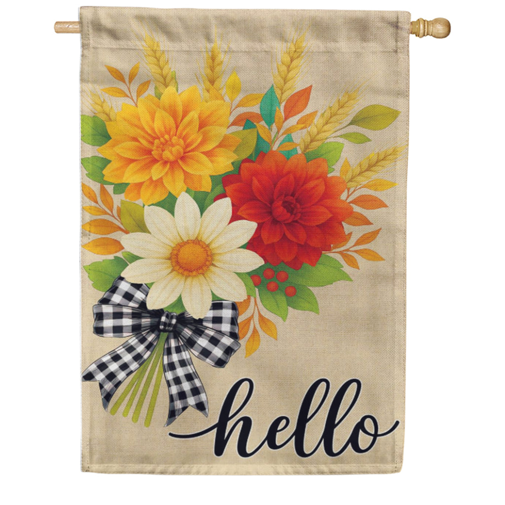 Evergreen Burlap House Flag Hello Fall Bow Florals