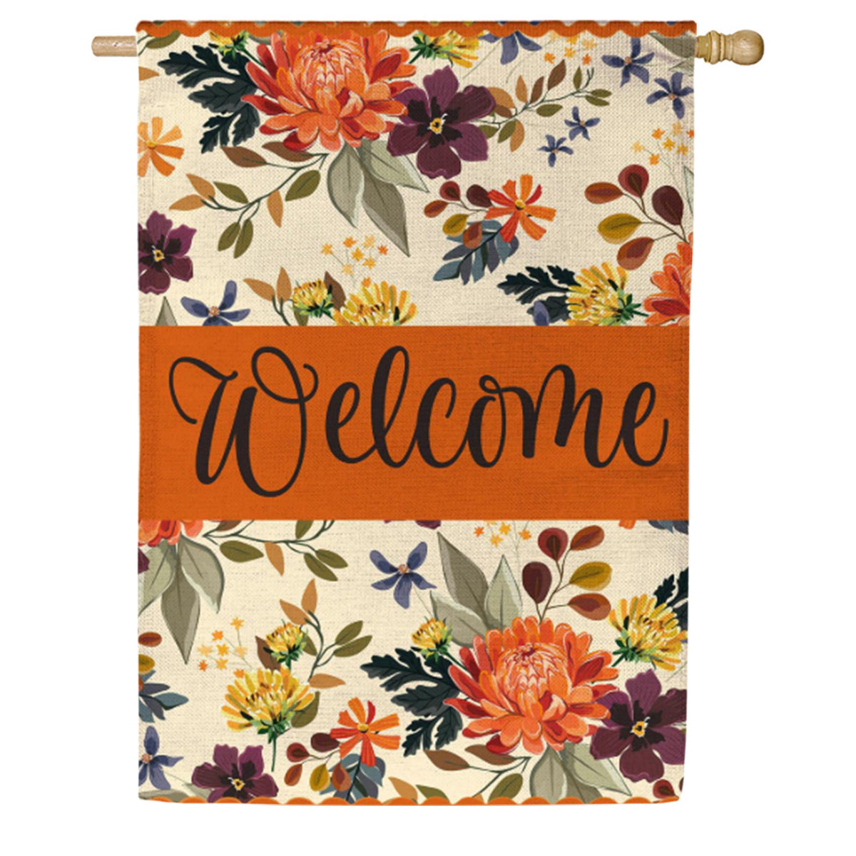 Evergreen Fall Floral Welcome Burlap House Flag