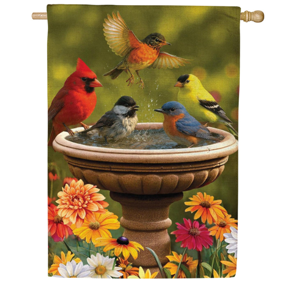Evergreen Bathing Birds Burlap House Flag