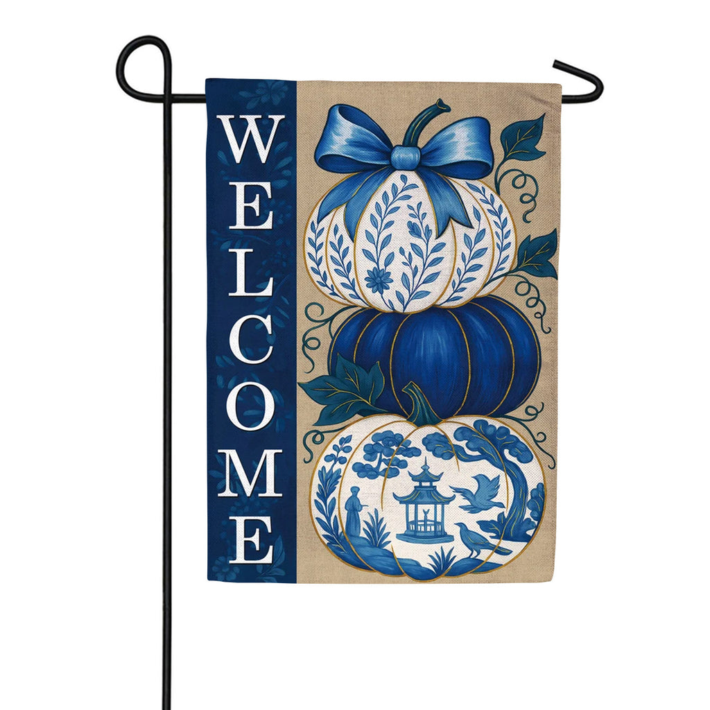 Evergreen Chinoiserie Welcome Pumpkin Burlap Garden Flag
