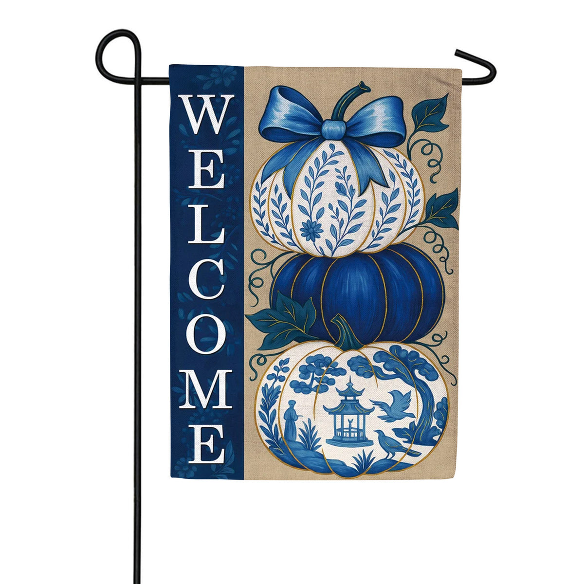 Evergreen Chinoiserie Welcome Pumpkin Burlap Garden Flag