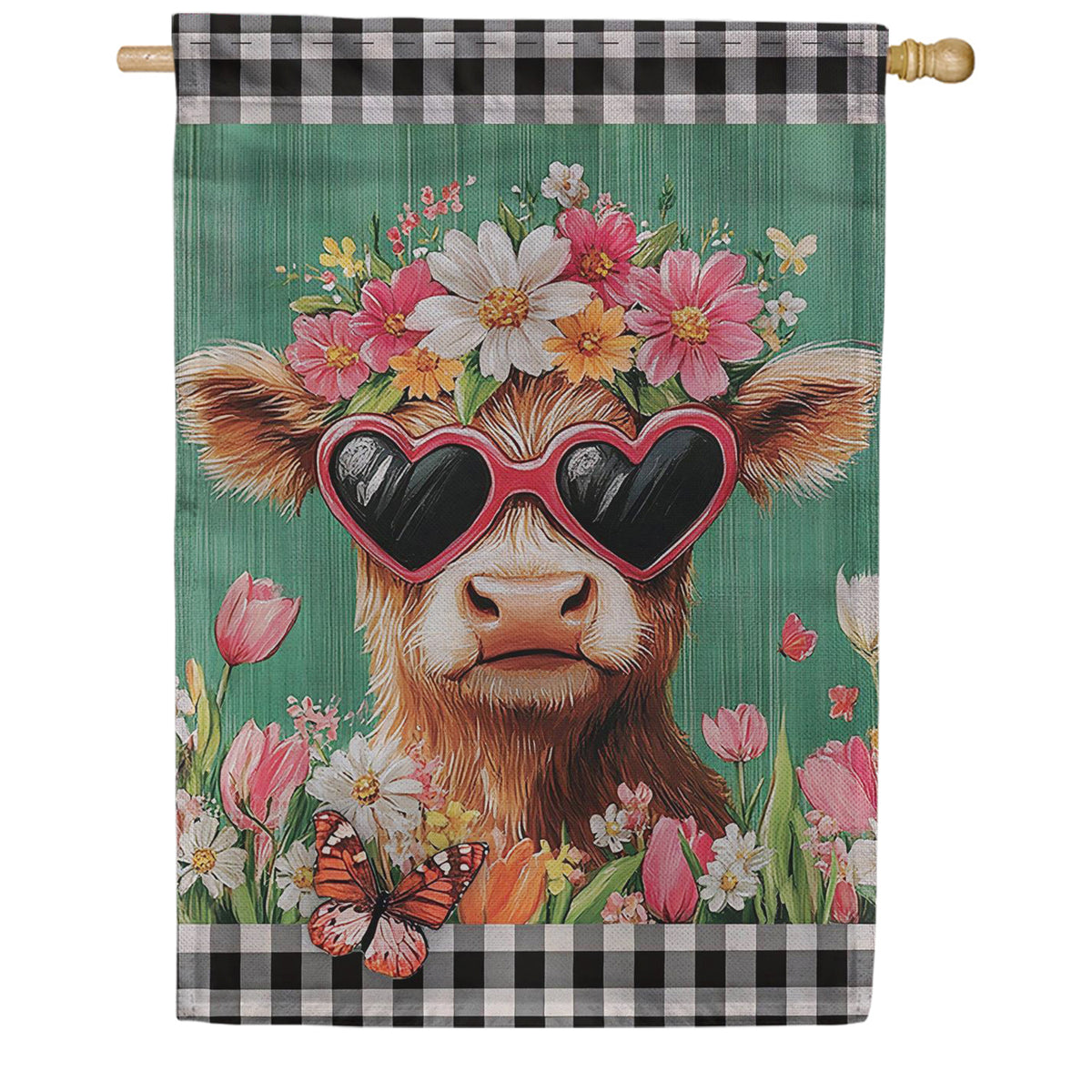 Evergreen Burlap House Flag - Floral Sunglasses Highland Cow