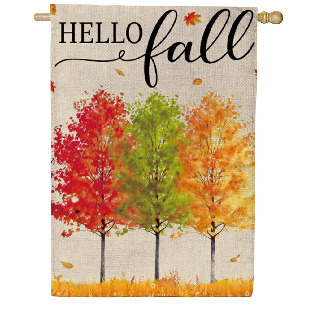 Evergreen Hello Fall Autumn Trees Burlap House Flag