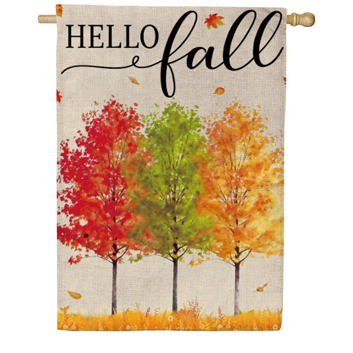 Evergreen Hello Fall Autumn Trees Burlap House Flag