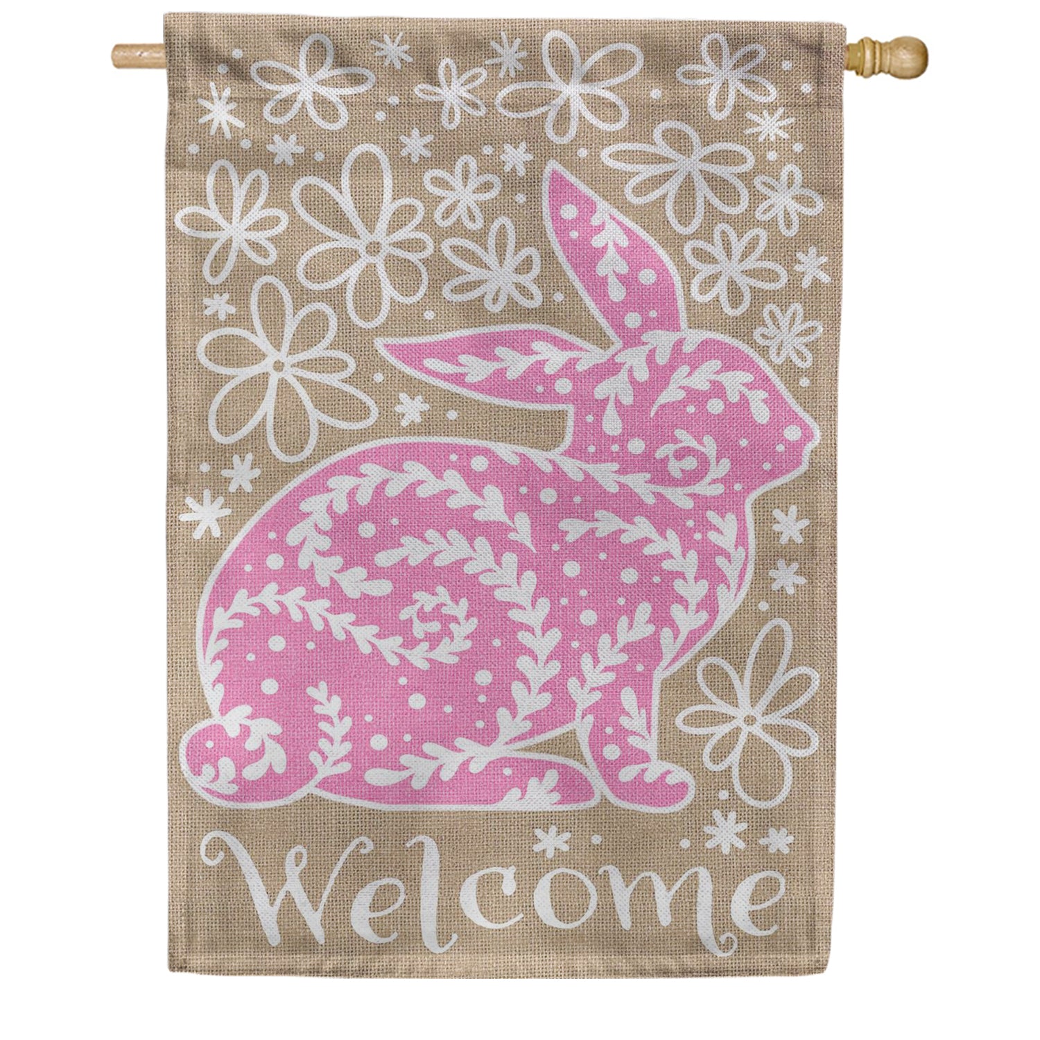 Evergreen Burlap House Flag - Welcome Leaf Pattern Bunny