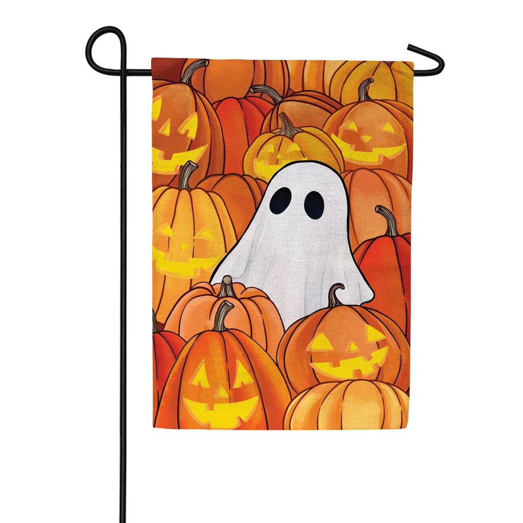 Evergreen Pumpkin Patch Ghost Burlap Garden Flag