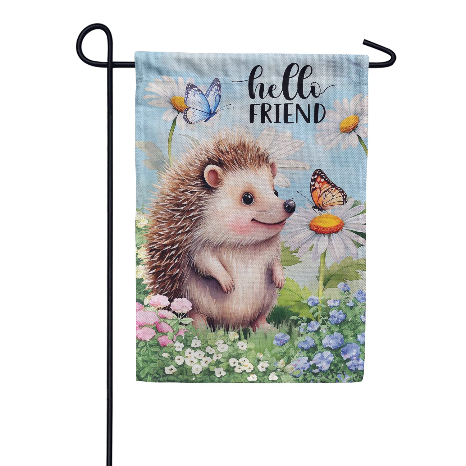 Evergreen Burlap Garden Flag - Hedgehog & Daisies