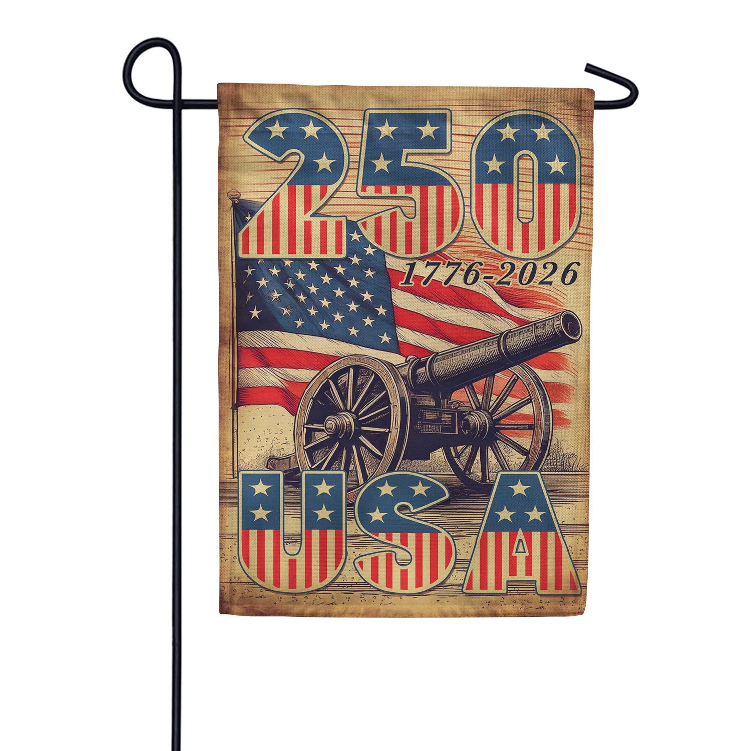 Evergreen Burlap Garden Flag - 250th Anniversary Cannons