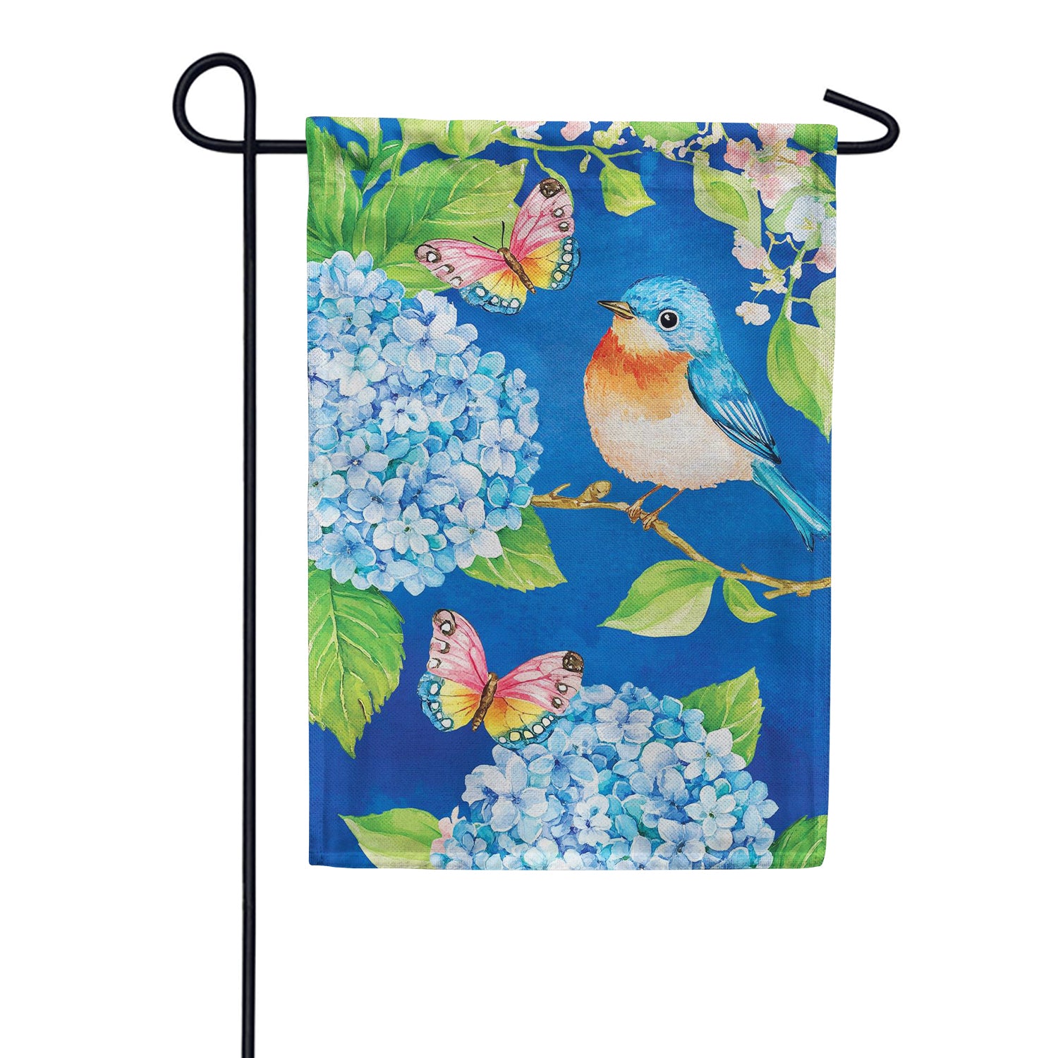 Evergreen Burlap Garden Flag - Bluebird and Hydrangea