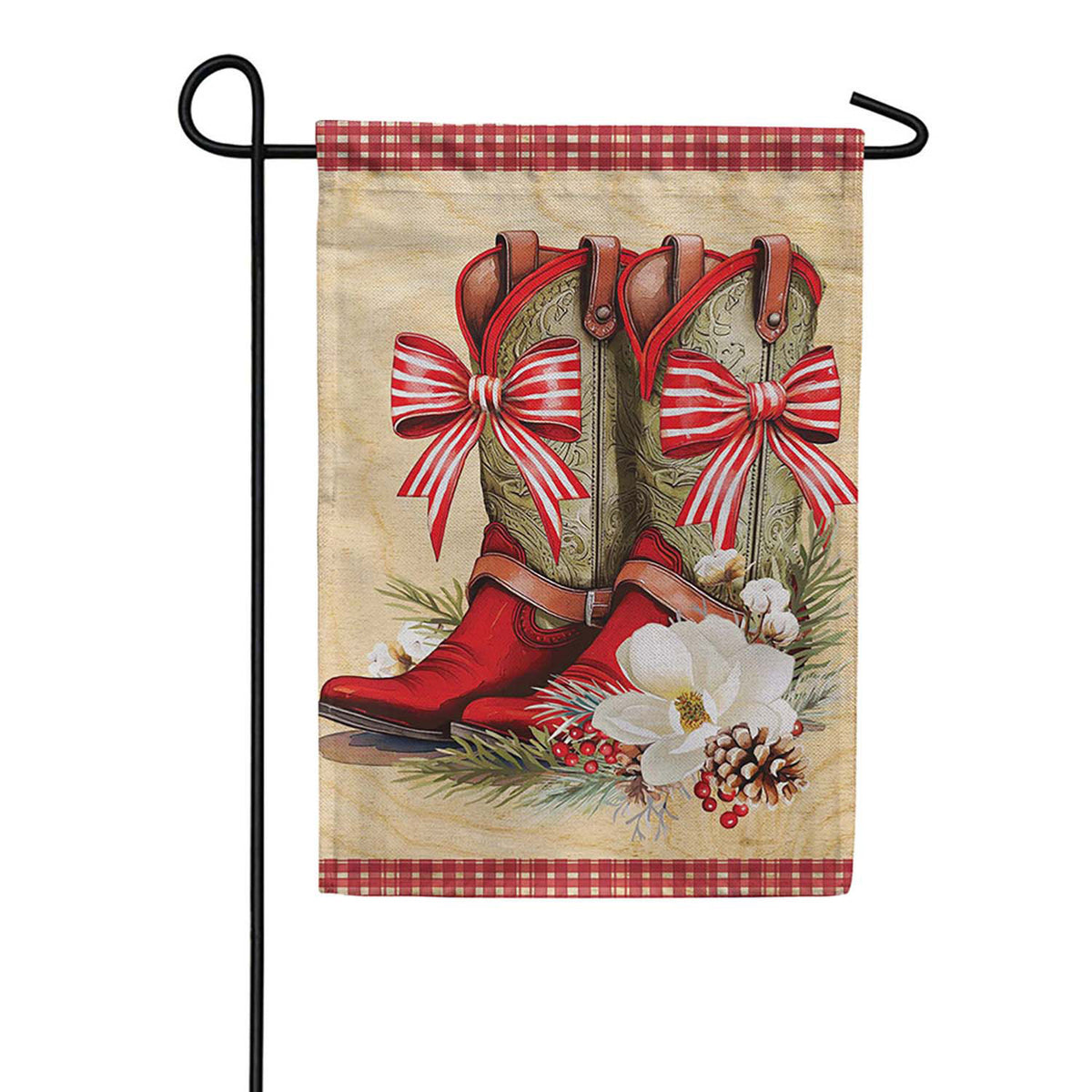 Evergreen Burlap Garden Flag - Howdy Holidays Bow Boots