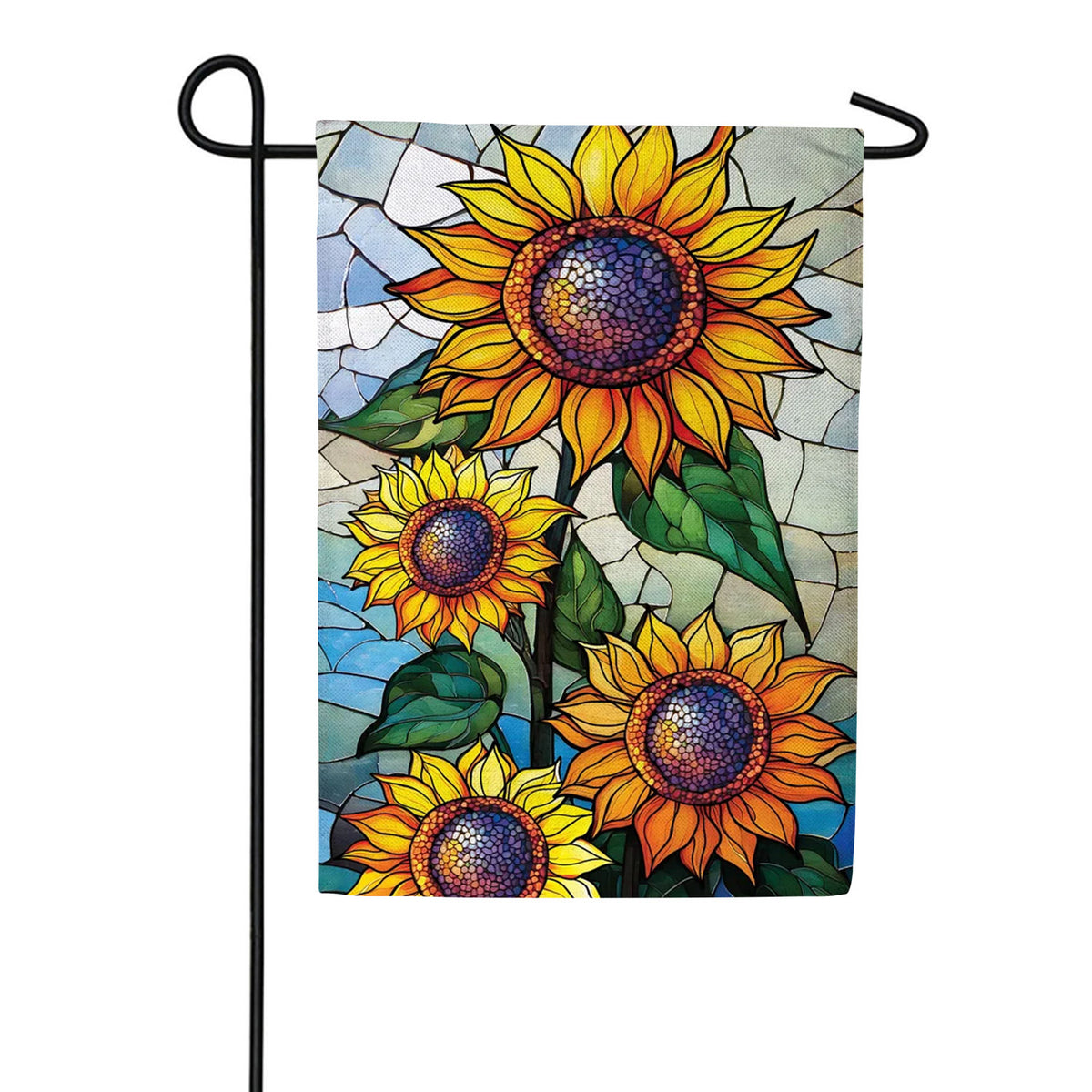 Evergreen Stained Glass Sunflower Stalk Burlap Garden Flag