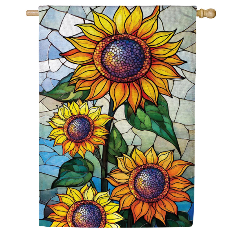 Evergreen Stained Glass Sunflower Stalk Burlap House Flag